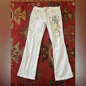 White Jeans with Embroidered Floral Design